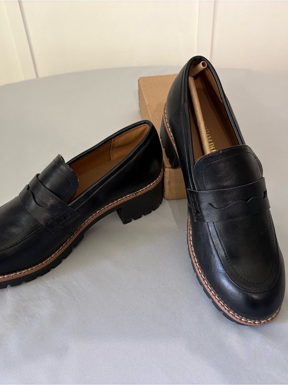 Dream Pairs Black Leather Penny Loafers with Brown Welt